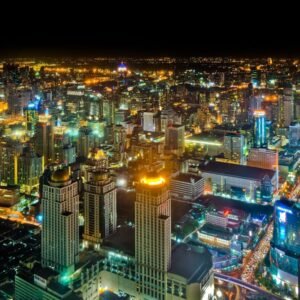 Bangkok lit up after dark, seen from above